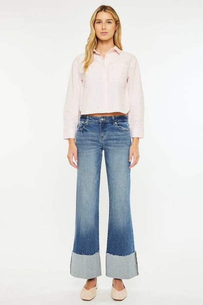 OPEN PACK MID RISE WIDE FLARE JEANS-KC78033D: DARK
