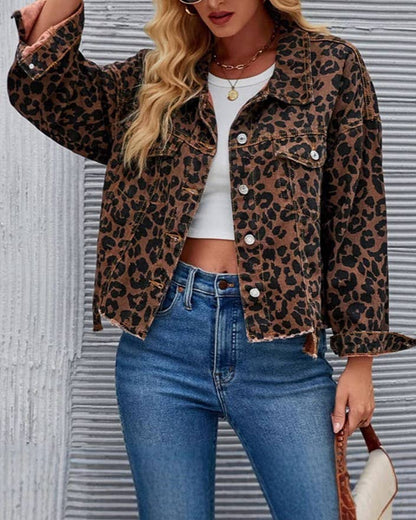 Fashion Retro Leopard Print Short Denim Jacket: Color