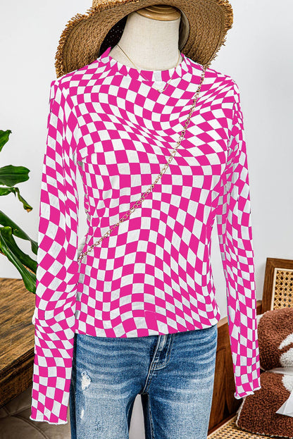 Western Checkered Pattern Mesh Mock Neck Long Sleeve Top: Rose / Missy