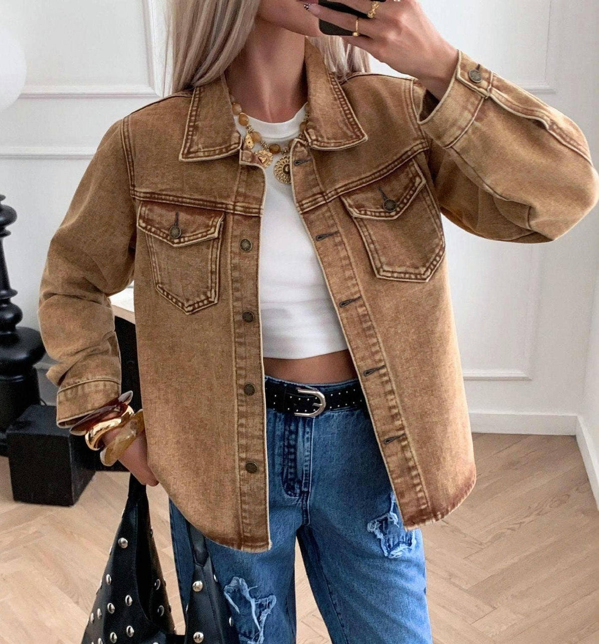 Classic lapel khaki denim jacket: Brown / L