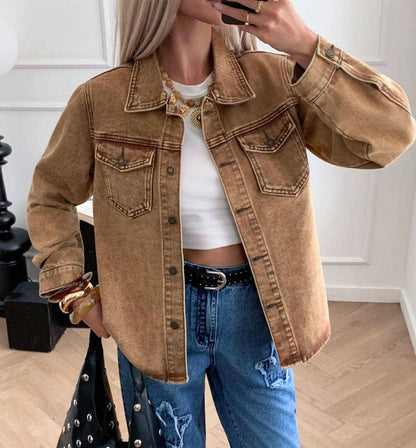 Classic lapel khaki denim jacket: Brown / L