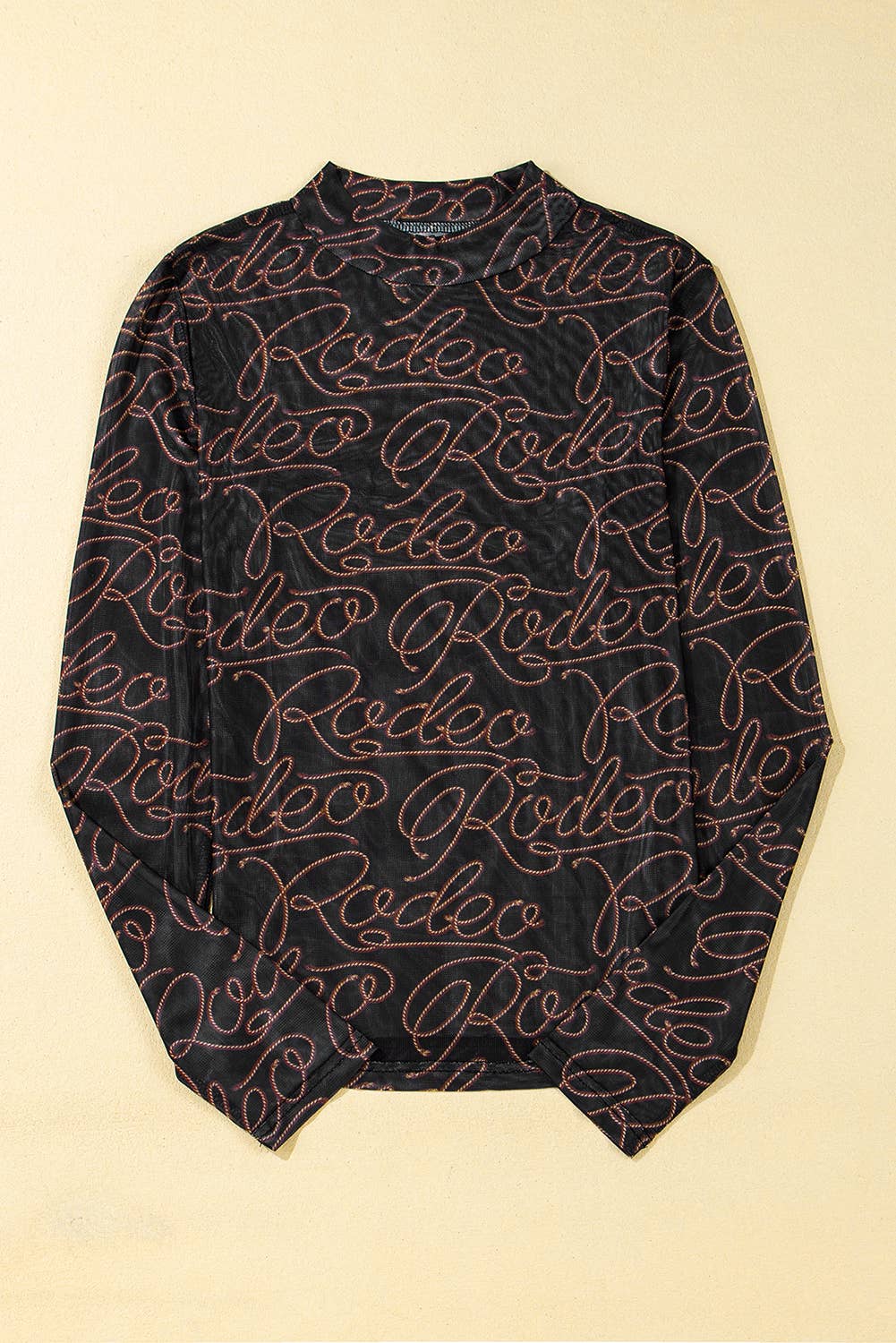 Black Western Rodeo Printed Mock Neck Long Sleeve Mesh Top: Black / 95%Polyester+5%Elastane