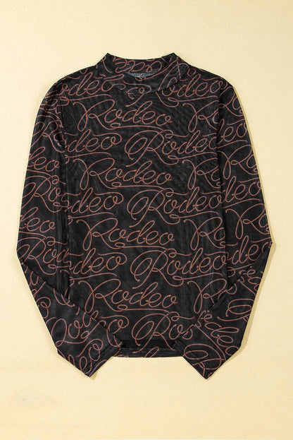 Black Western Rodeo Printed Mock Neck Long Sleeve Mesh Top: Black / 95%Polyester+5%Elastane
