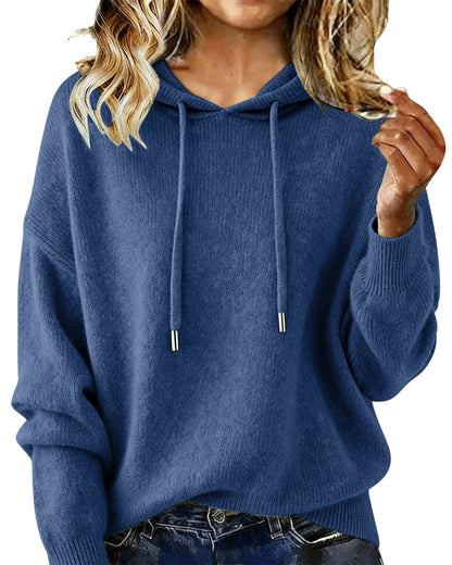 Cozy Solid Drawstring Hooded Knit Sweater: Navy-Blue / L