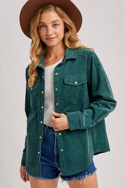 CORDUROY BUTTON DOWN SHACKET WITH POCKETS: