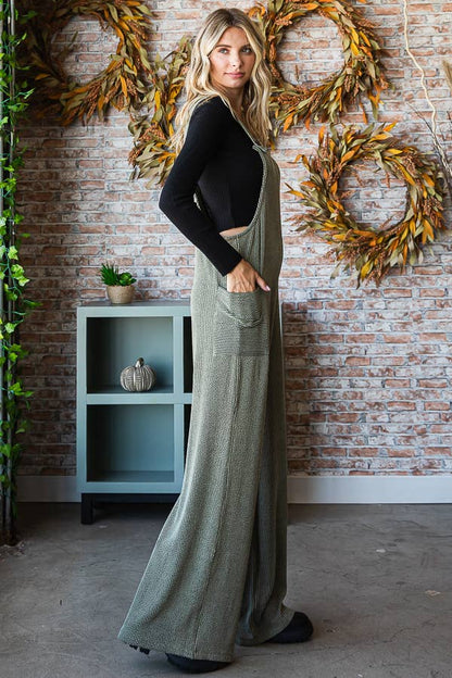 Rib Knit Wide Leg Adjustable Strap Overall Jumpsuit J5293: Olive
