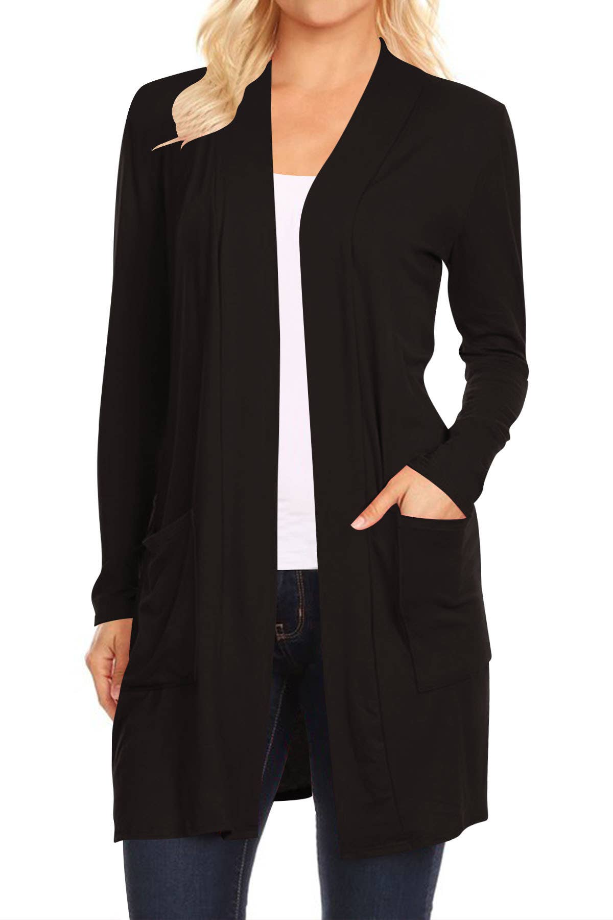 Casual Solid Open Front Basic Cardigan Jacket: Black