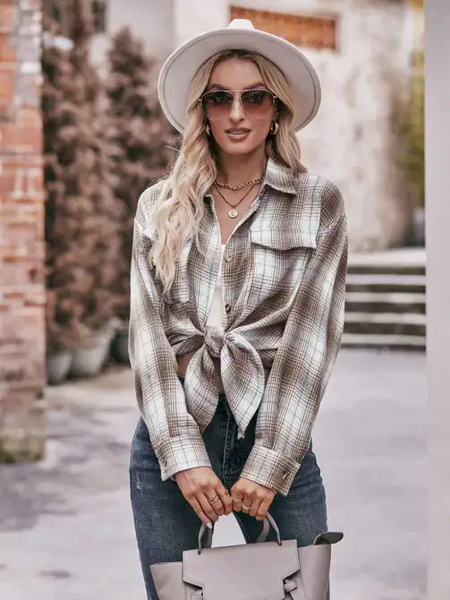 Coffee Casual Fashion Oversized Loose Plaid Shirt: Coffee / 100%Polyester