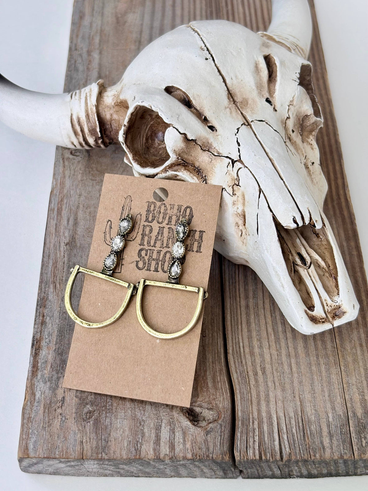 Western Horsebit Stone & Rhinestone Post Drop Earrings: Gold