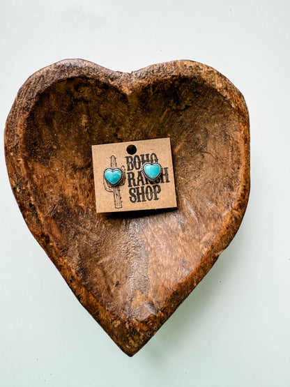 Western Mini Stone Stud Earrings - Heart Square Circle Bar: CIRCLE - TURQUOISE
