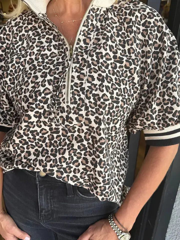 Leopard Knit Top Trendy Quarter Zip Puff Sleeve: Brown