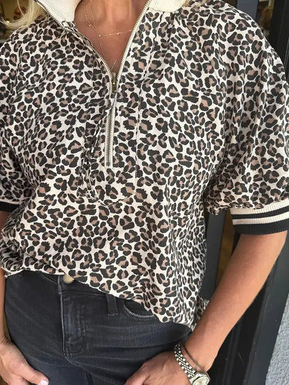 Leopard Knit Top Trendy Quarter Zip Puff Sleeve: Brown