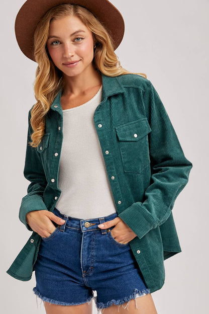 CORDUROY BUTTON DOWN SHACKET WITH POCKETS: