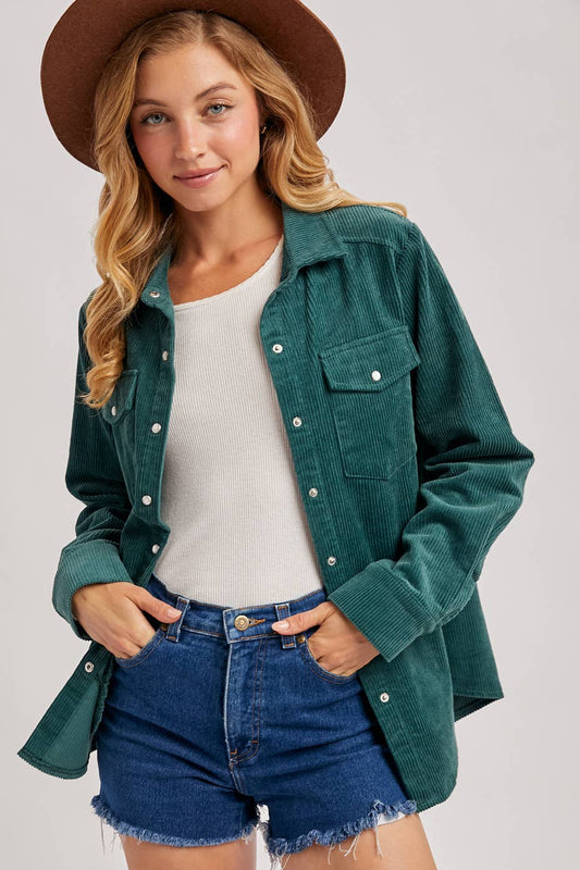 CORDUROY BUTTON DOWN SHACKET WITH POCKETS: