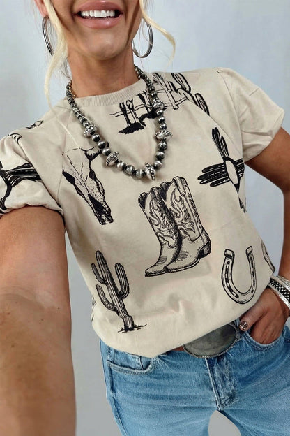 Beige Retro Western Print T Shirt: Beige / 95%Polyester+5%Elastane