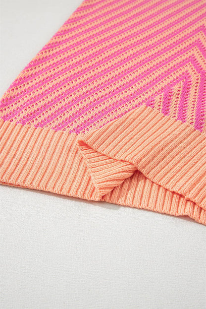Strawberry Pink Contrast Chevron Knit V Neck Sweater Vest: Strawberry Pink / 100%Viscose