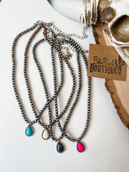 Teardrop Stone Pendant Navajo Bead Choker Necklace: Black