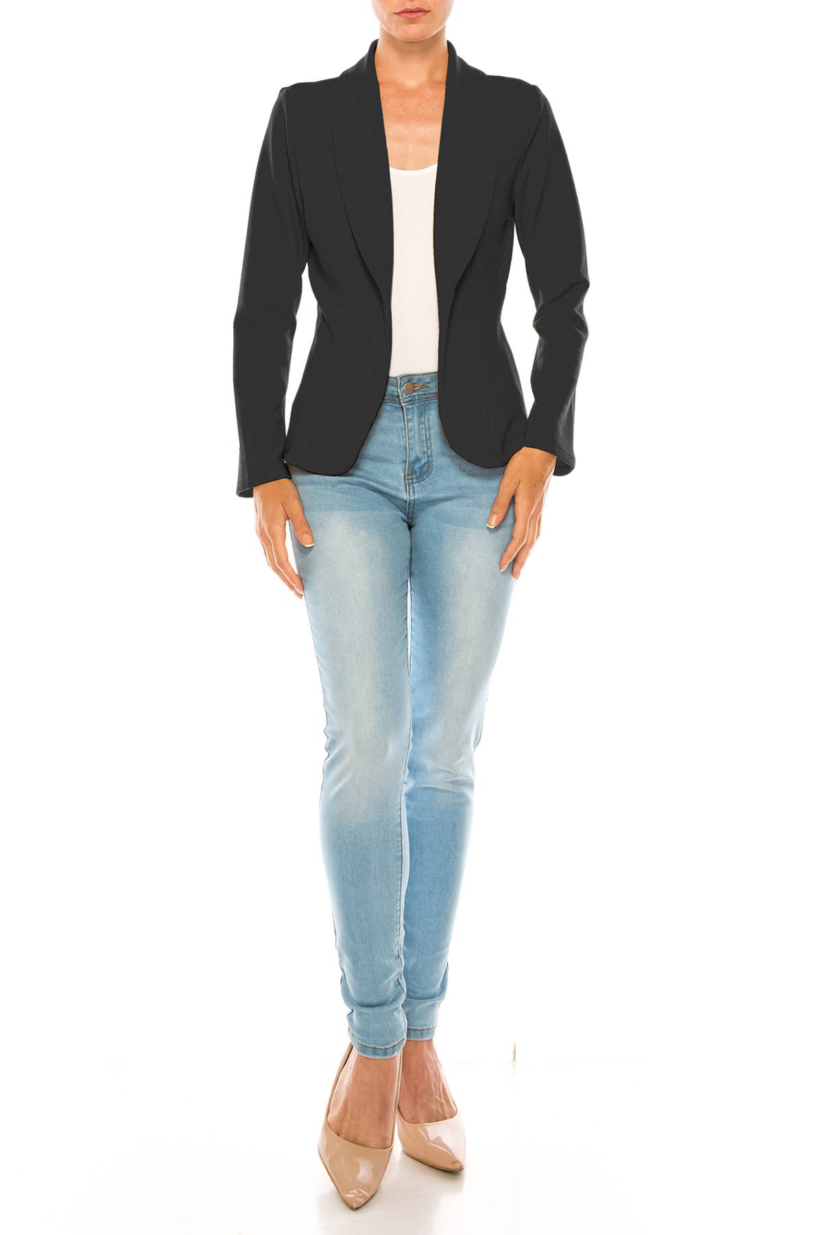 Women’s Solid Open Front Fitted Blazer Jacket – Waist Length: Black