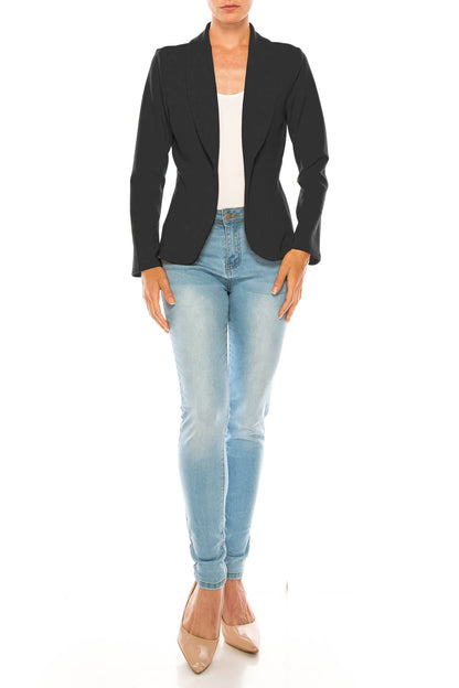 Women’s Solid Open Front Fitted Blazer Jacket – Waist Length: Black