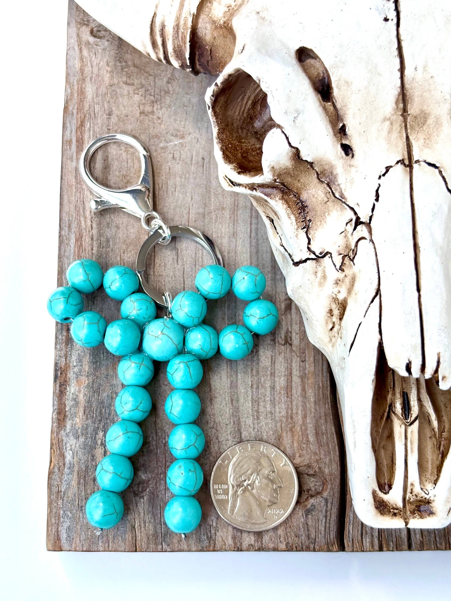Western Coquette Bow Ribbon Stone Charm Key Ring Chain: Turquoise