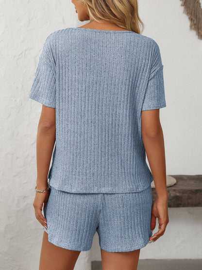 Solid Color Ribbed Short-Sleeve Pajama Loungewear Set: Light blue / 65% Polyester+30%Viscose+5%Elastane