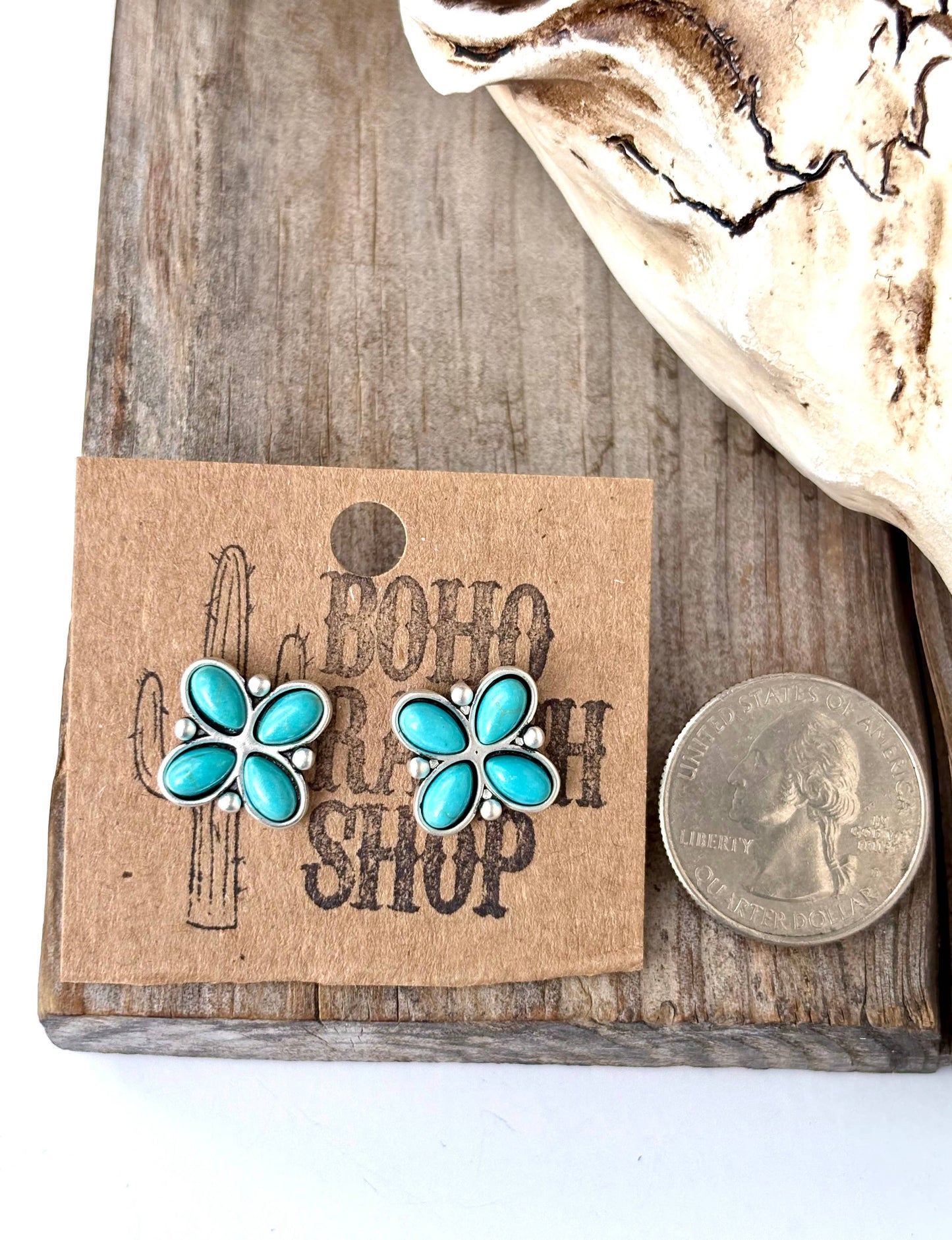 Western Stone Clover Stud Earrings: Turquoise