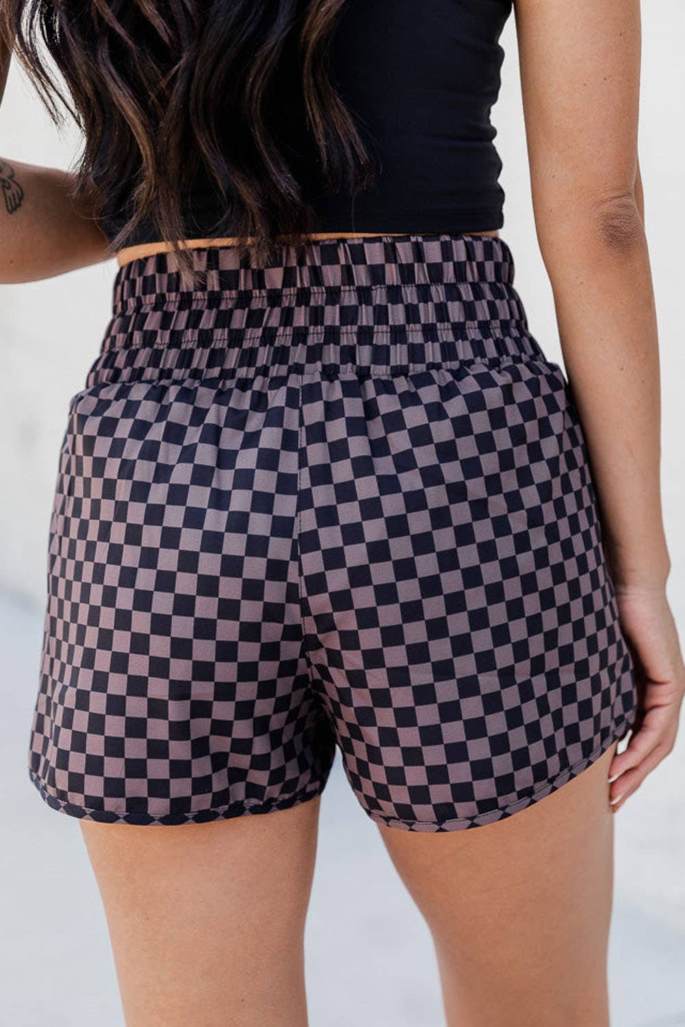 66 Leopard/Checkered High Waisted Athletic Shorts (S-XL): Brown Checkered / Missy