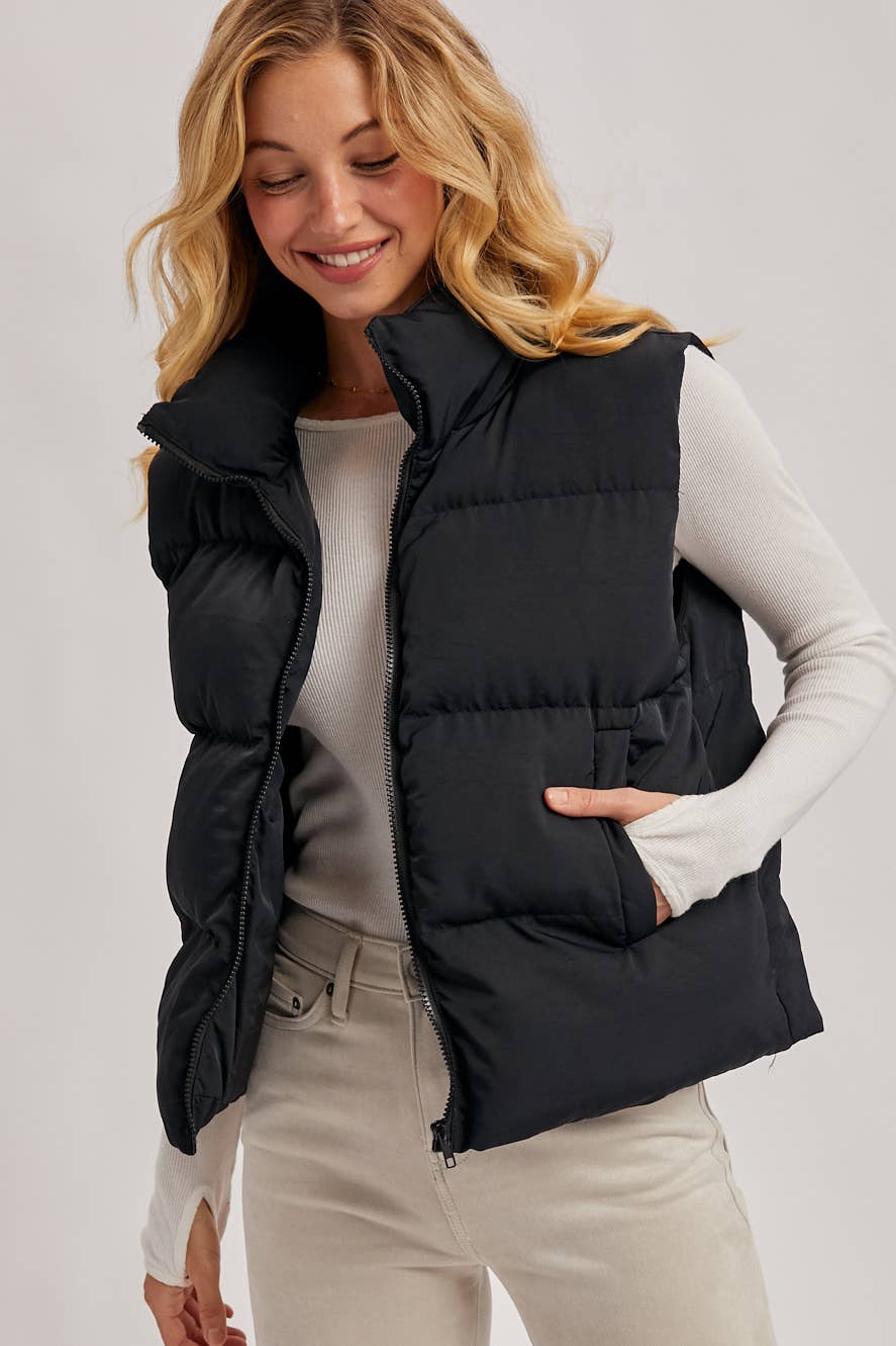 ZIPPER FRONT PUFFER VEST: Black