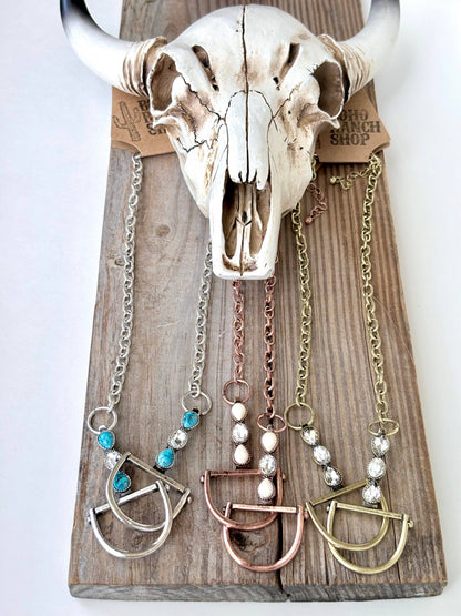 Western Horse Bit Turquoise Stone Pendant Necklace: Gold
