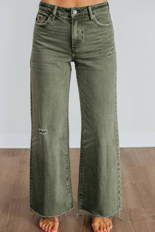 Slight Distressed Raw Edge Wide Leg Jeans: Four Leaf Clover / Missy