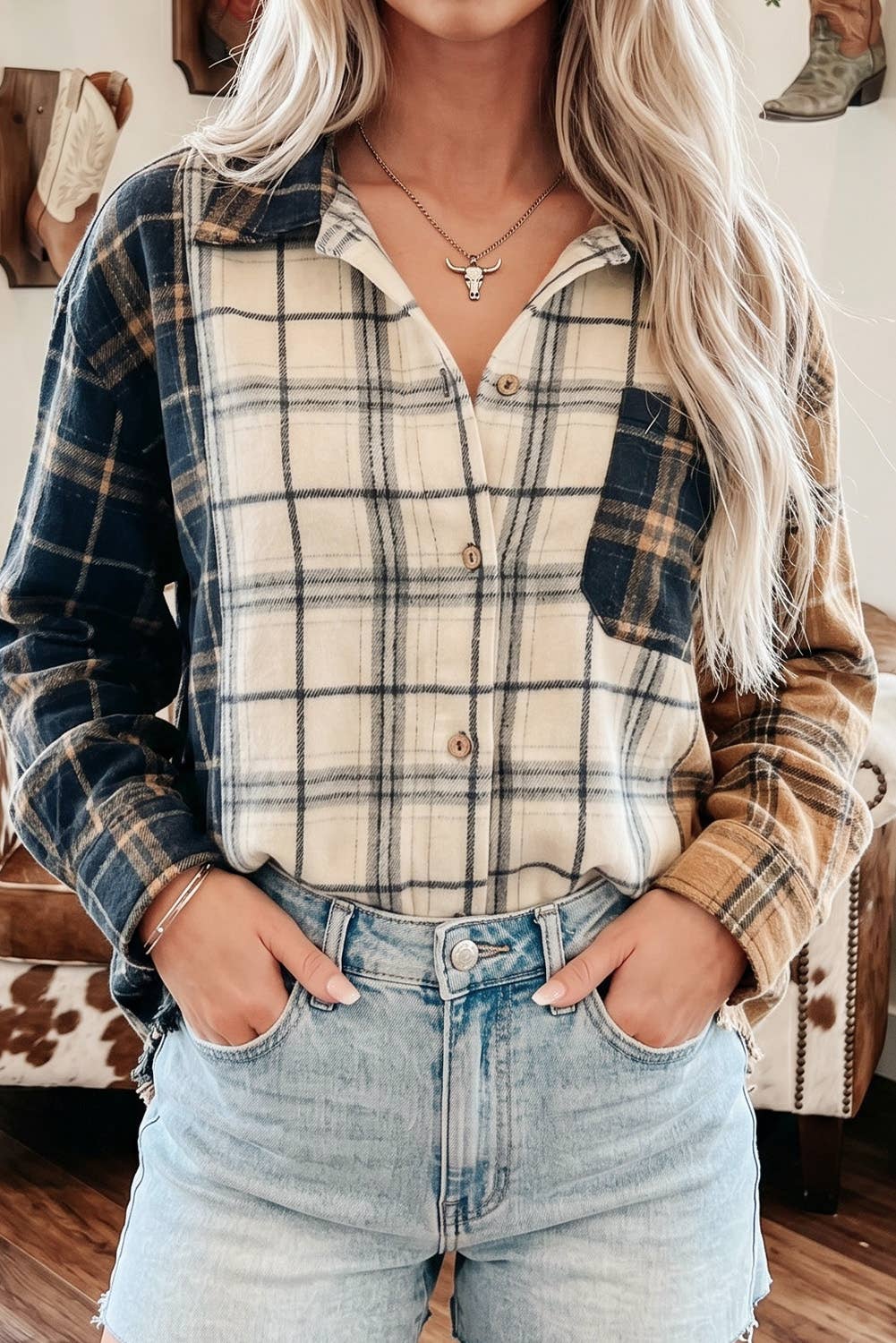 Plaid Button-Up Long Sleeve Shacket