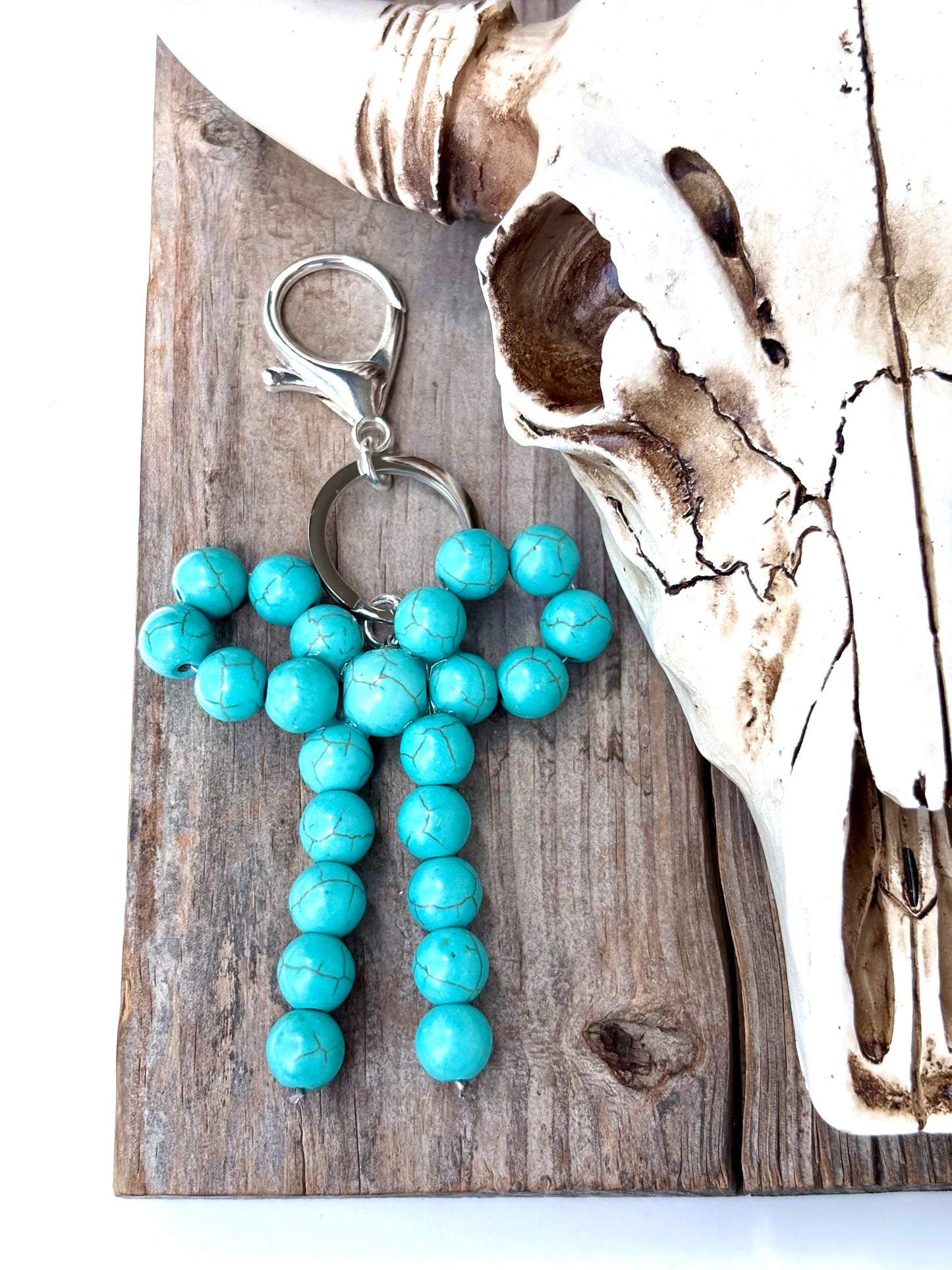 Western Coquette Bow Ribbon Stone Charm Key Ring Chain: Turquoise