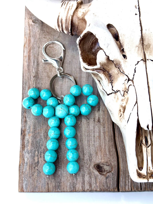 Western Coquette Bow Ribbon Stone Charm Key Ring Chain: Turquoise
