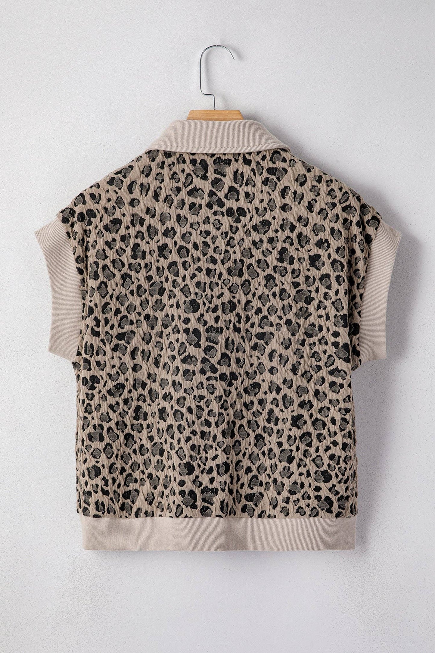 Leopard Textured Zip Polo Top Cap Sleeve Casual Knit: Beige / 85%Polyester+10%Cotton+5%Elastane /
