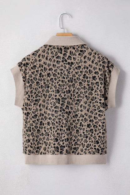Leopard Textured Zip Polo Top Cap Sleeve Casual Knit: Beige / 85%Polyester+10%Cotton+5%Elastane /