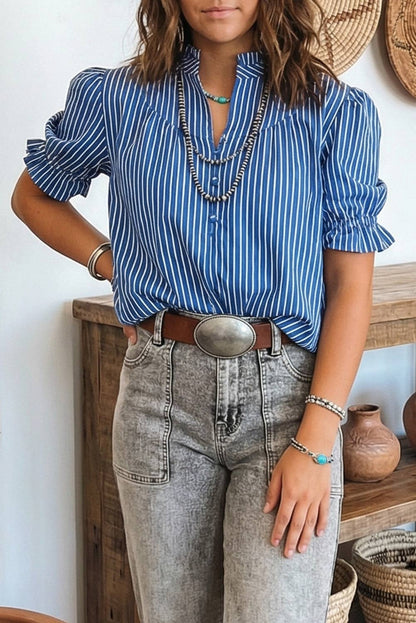 LDC Western Striped Round Neck Short Sleeve Top: Blue Stripe