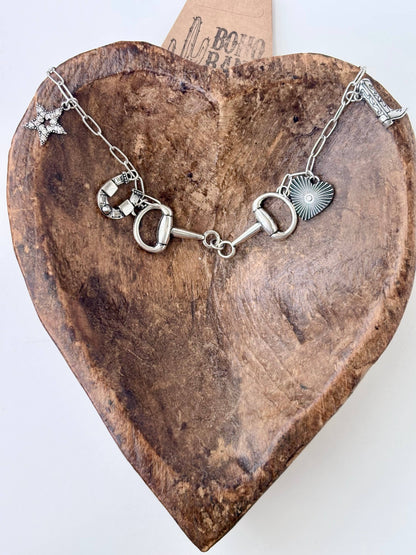 Western Charm & Horse Bit Pendant Necklace: Gold