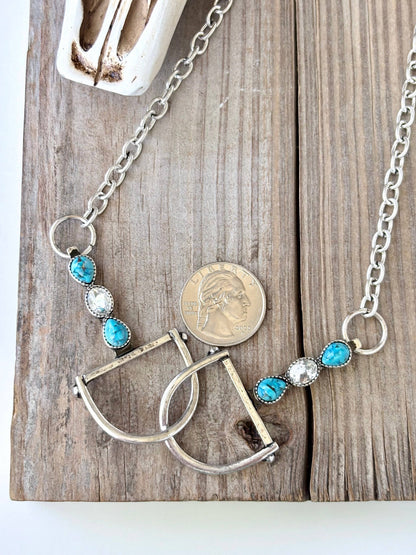 Western Horse Bit Turquoise Stone Pendant Necklace: Gold