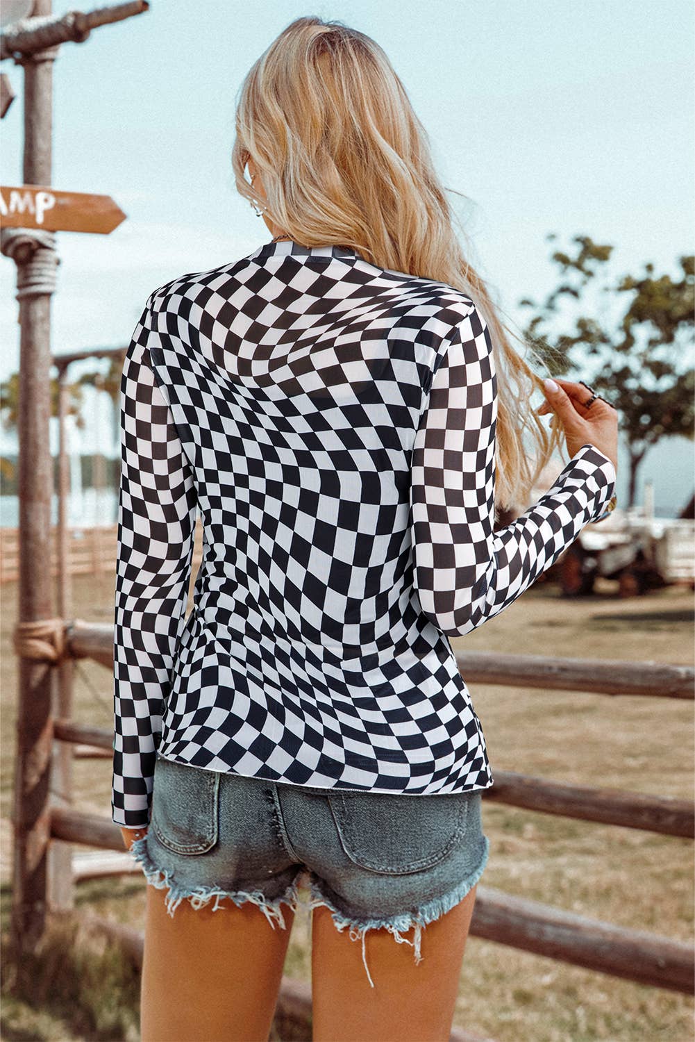 Western Checkered Pattern Mesh Mock Neck Long Sleeve Top: Black / Missy