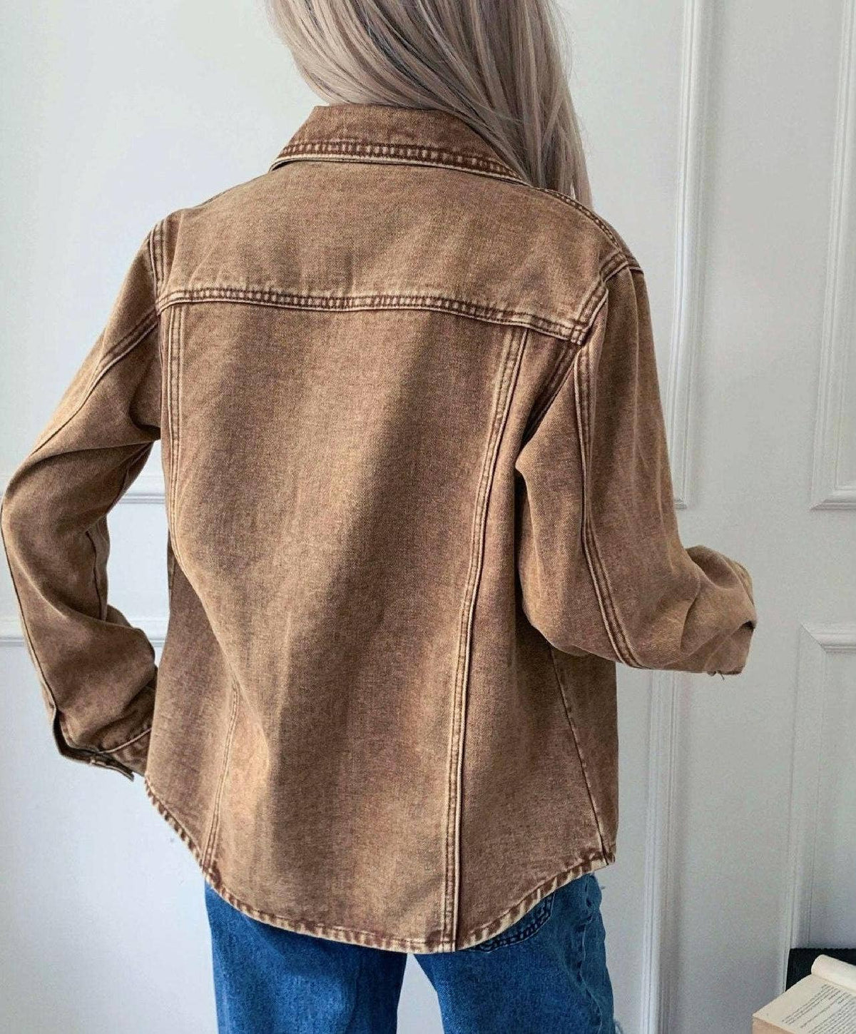 Classic lapel khaki denim jacket: Brown / L