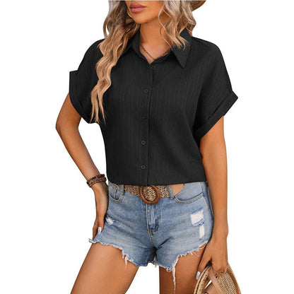 Black Button Up Blouse Women Collared Short Sleeve Top: Black / 100%Polyester