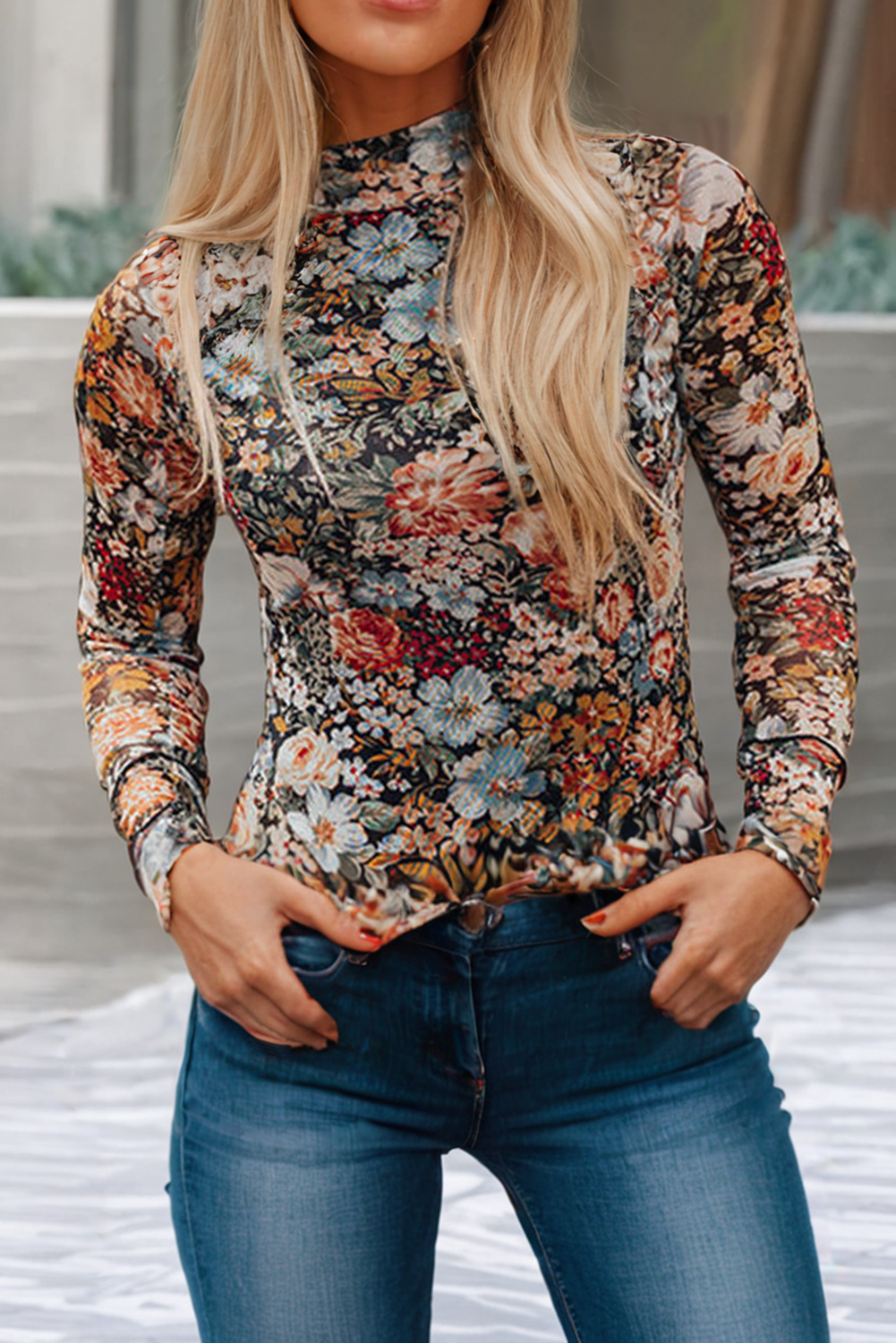LDC  Floral Long Sleeve High Neck Sheath Mesh Blouse: Brown