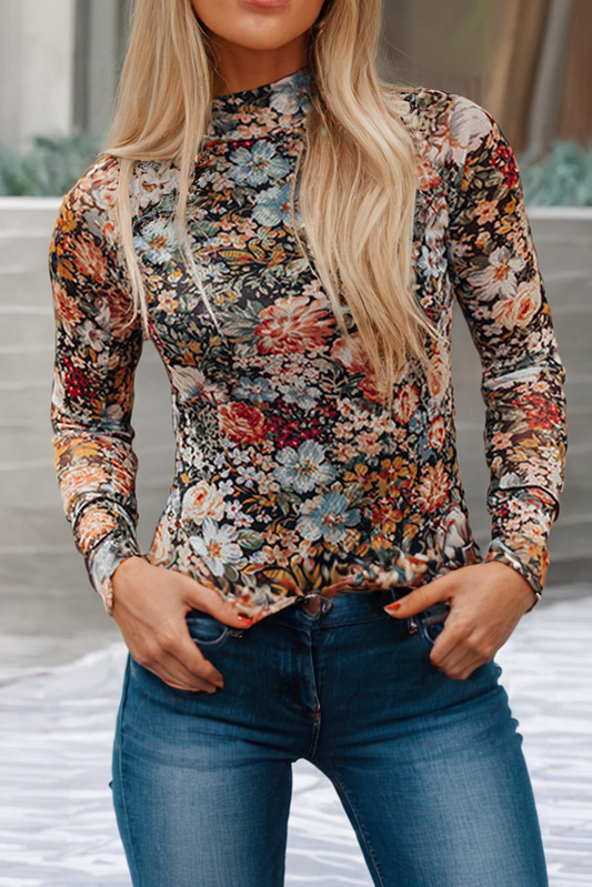 LDC  Floral Long Sleeve High Neck Sheath Mesh Blouse: Brown