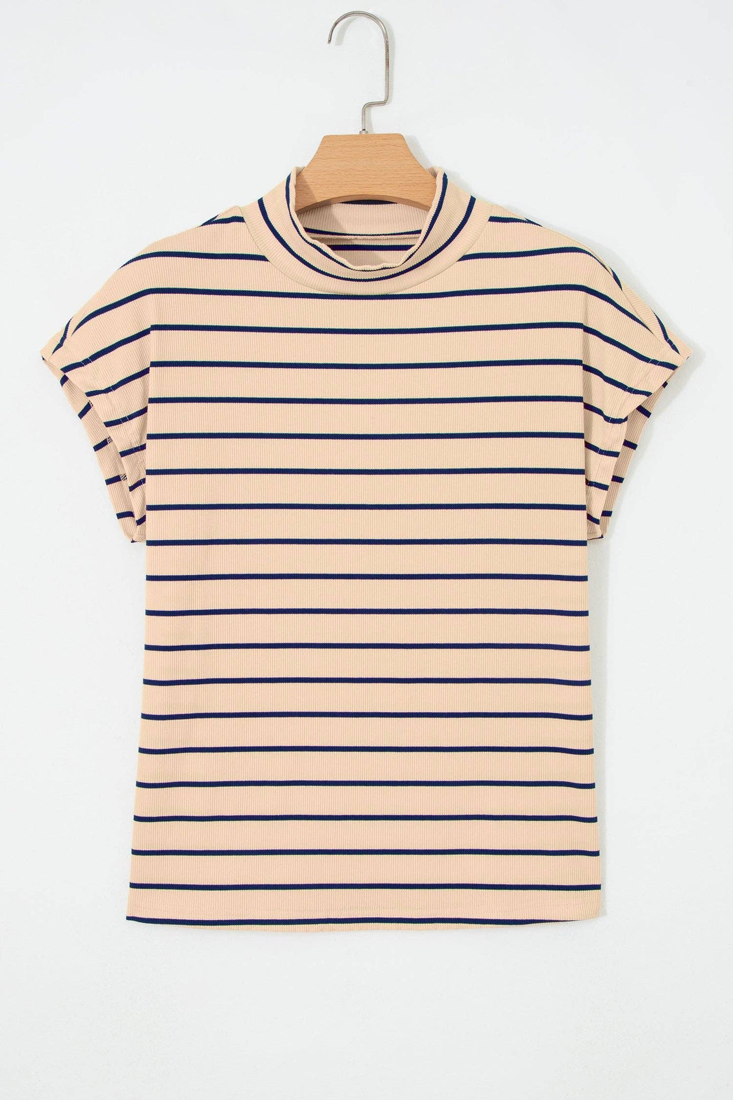 Khaki Stripe Mock Neck Short Sleeve Loose Top: Khaki Stripe / 95%Cotton+5%Elastane