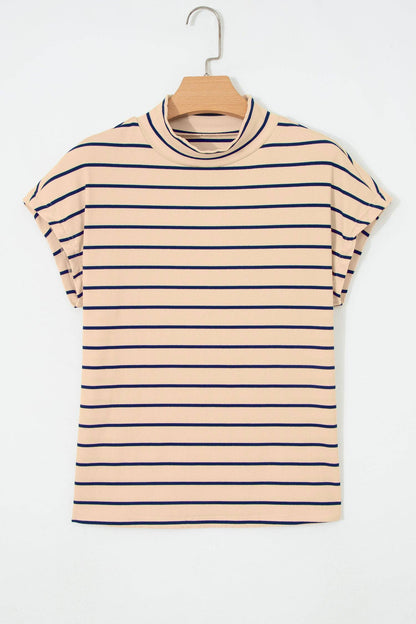 Khaki Stripe Mock Neck Short Sleeve Loose Top: Khaki Stripe / 95%Cotton+5%Elastane