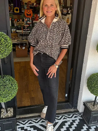 Leopard Knit Top Trendy Quarter Zip Puff Sleeve: Brown