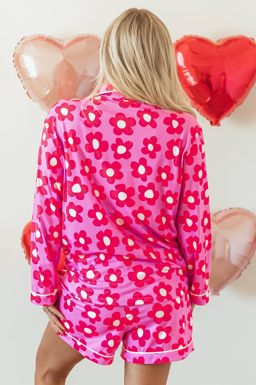 Solid Color Flower Print Long Sleeve Shirt Shorts Pajamas Set: Pink / 95%Polyester+5%Elastane