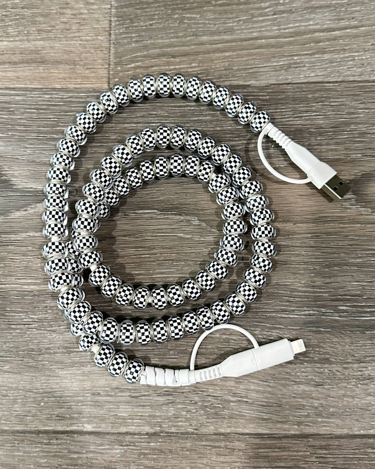 CHECKETBOARD BEADED PHONE CHARGING CABLE 4-IN-1