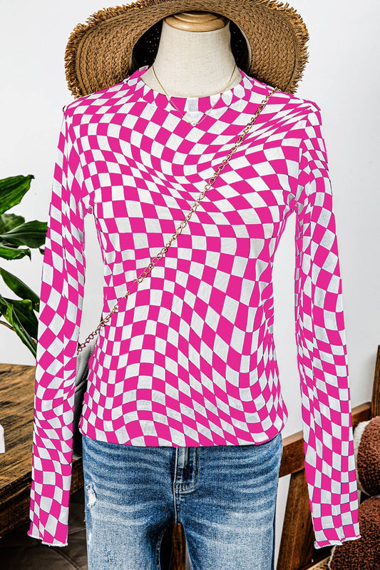 Western Checkered Pattern Mesh Mock Neck Long Sleeve Top: Rose / Missy