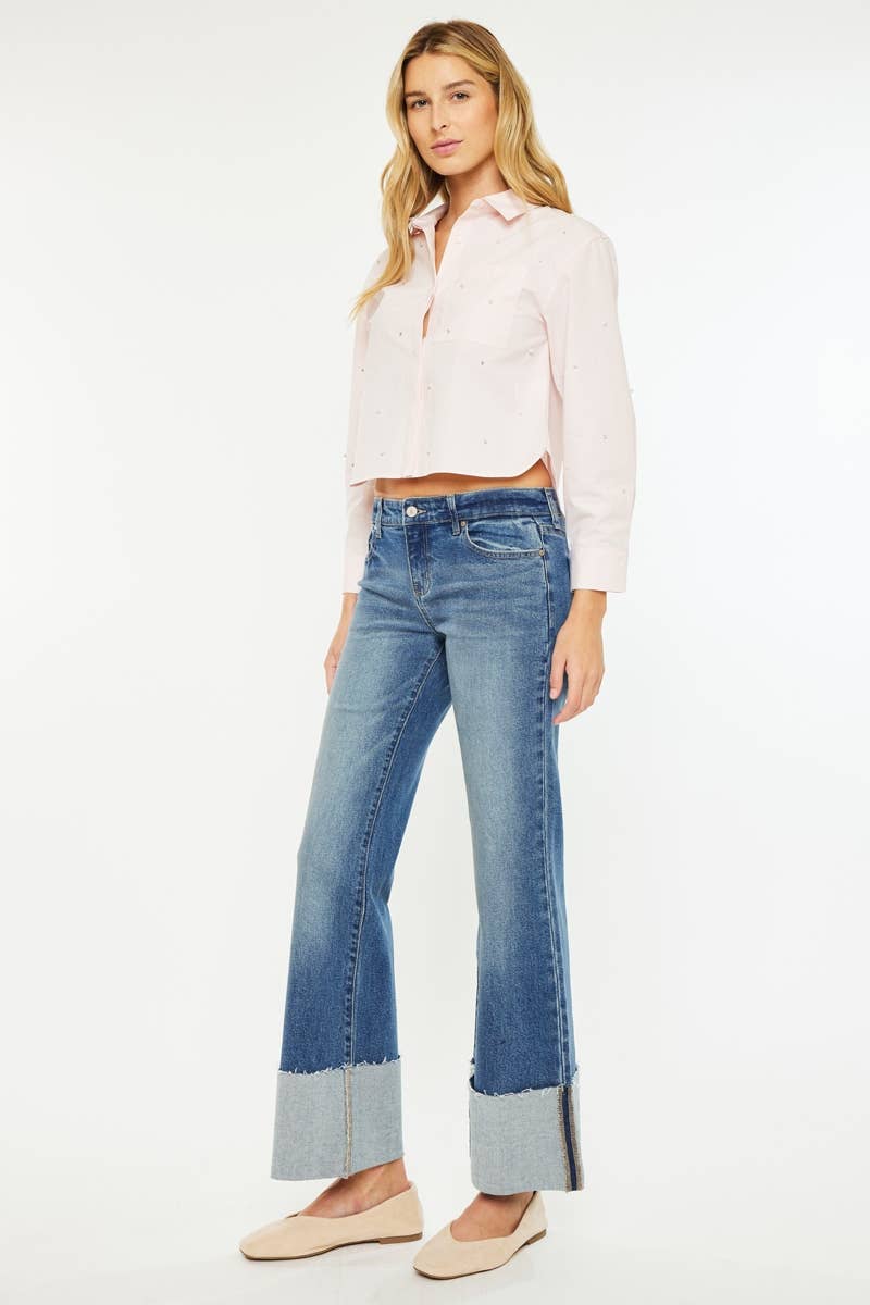 OPEN PACK MID RISE WIDE FLARE JEANS-KC78033D: DARK